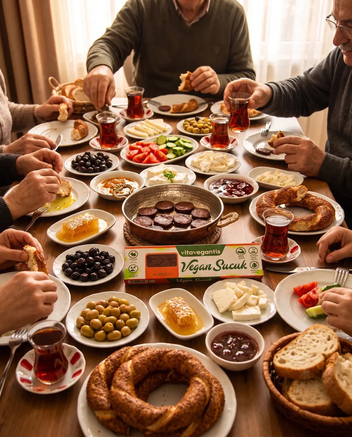 Kalabalık Türk kahvaltı sofrasında sahanda vegan sucuk